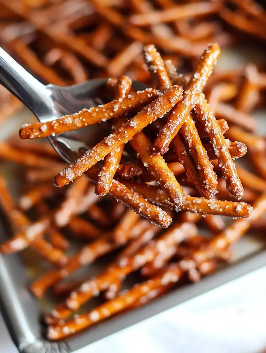 A spoon is lifting a handful of golden-brown, salted pretzel sticks from a tray filled with more pretzels.