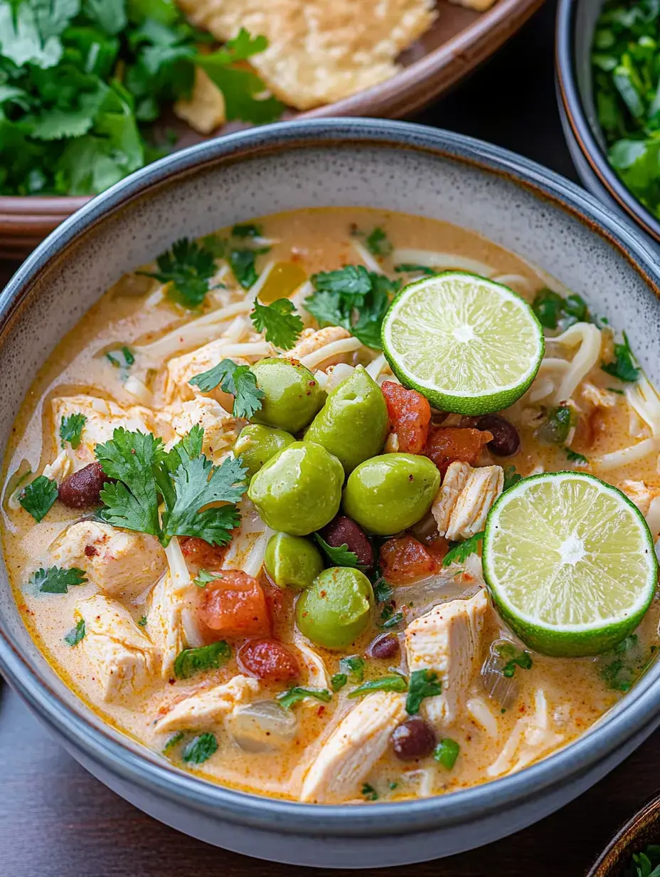 A bowl of creamy chicken soup garnished with lime, olives, tomatoes, and cilantro, served with crispy tortilla chips and fresh herbs on the side.