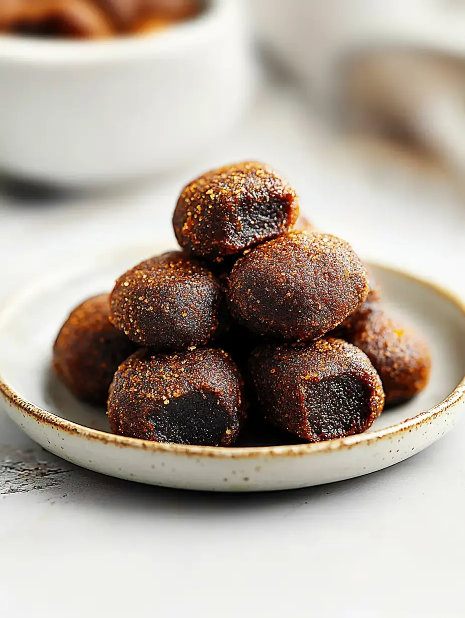 A small pile of round, dark brown confections dusted with a fine coating sits on a white plate.