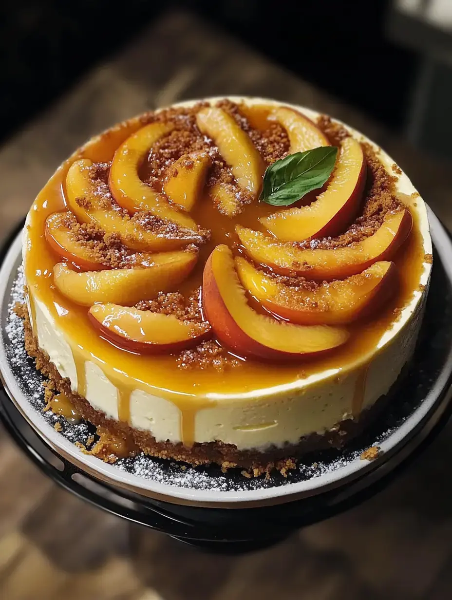 A beautifully decorated cheesecake topped with sliced peaches, caramel drizzle, and a hint of mint.