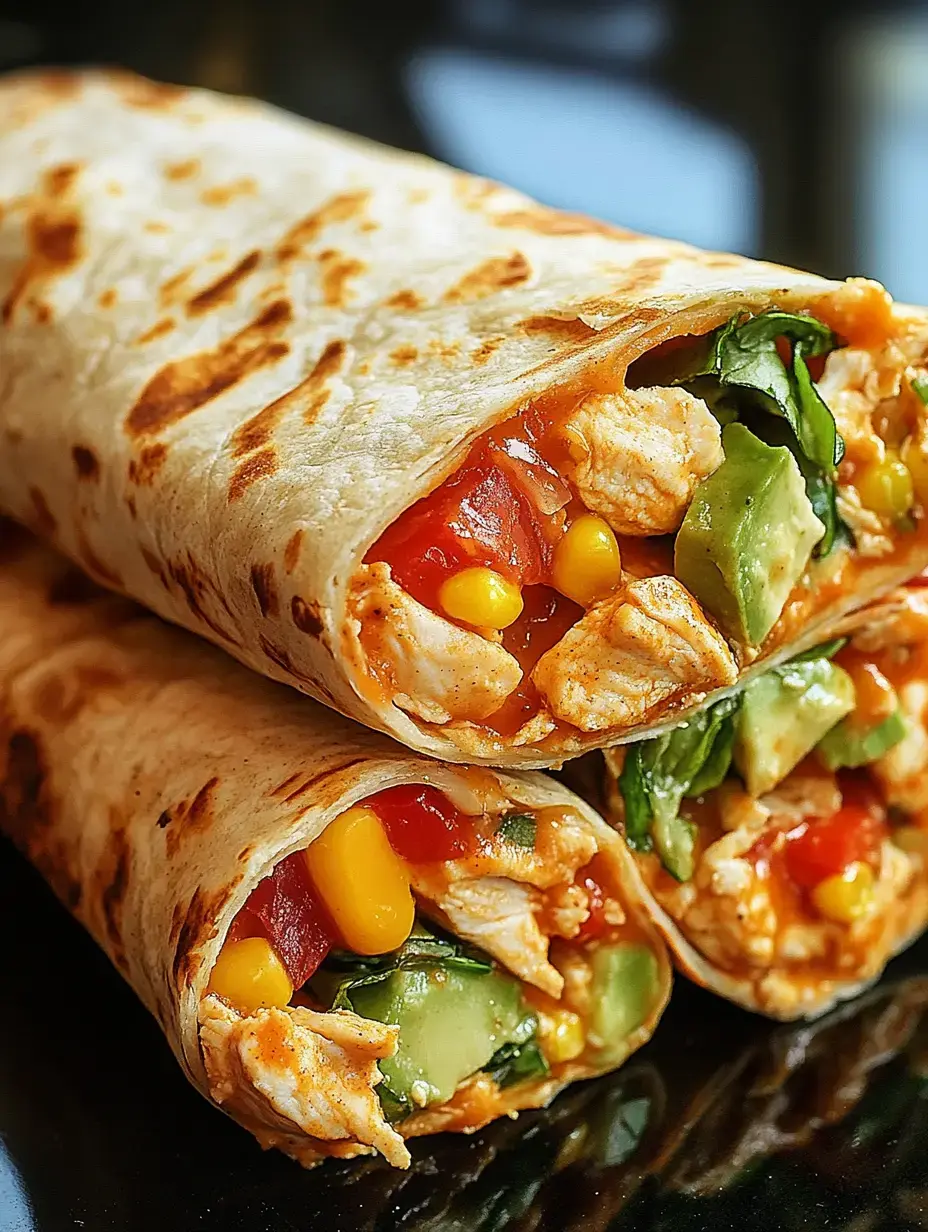 Three stuffed tortillas filled with chicken, corn, tomatoes, cucumbers, and spinach are stacked on a glossy surface.