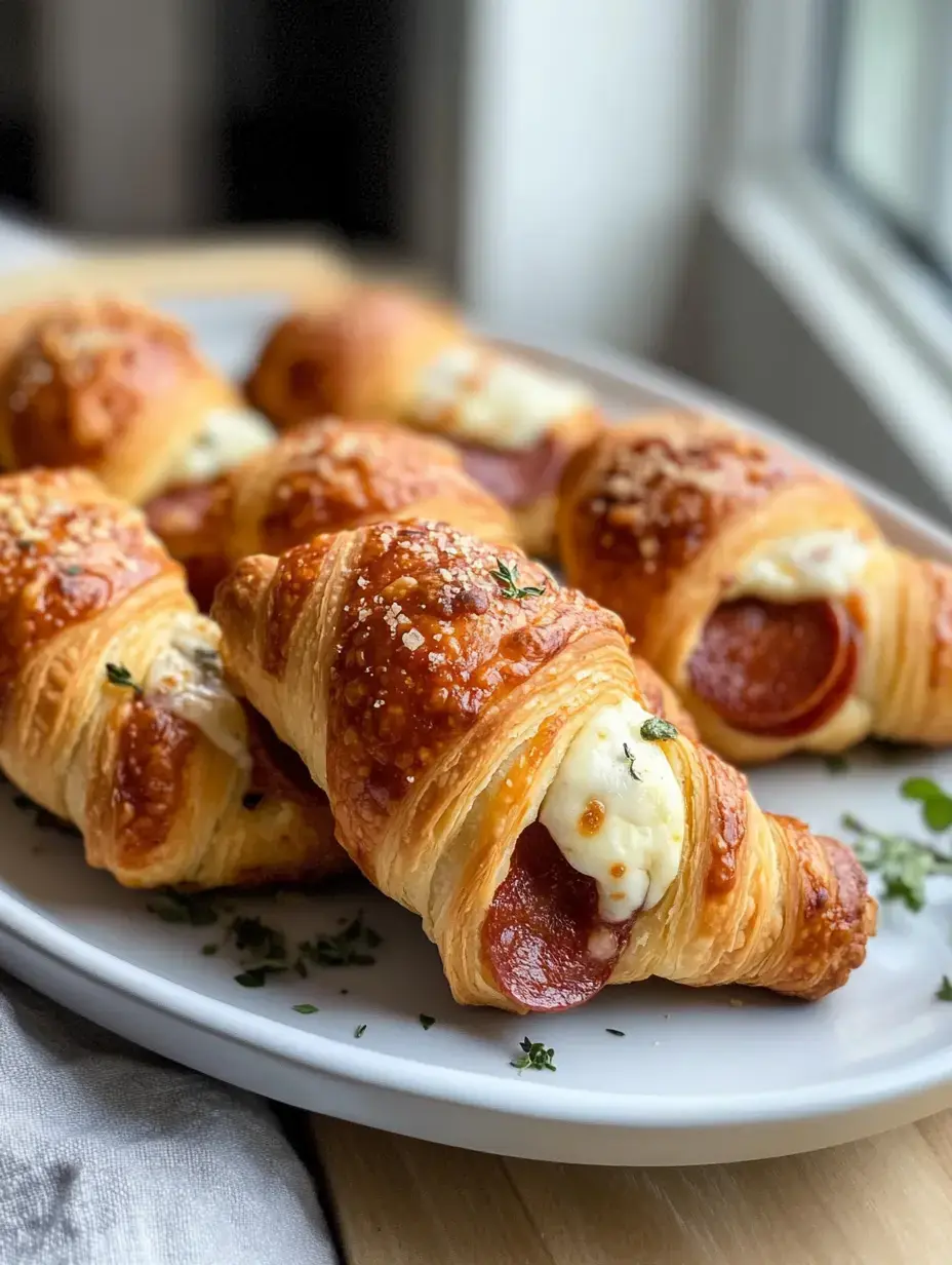 A plate of freshly baked croissants filled with cheese and pepperoni, garnished with herbs.