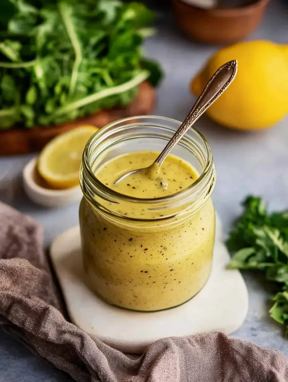 A jar of creamy yellow salad dressing sits on a light surface, surrounded by fresh greens and lemon slices.