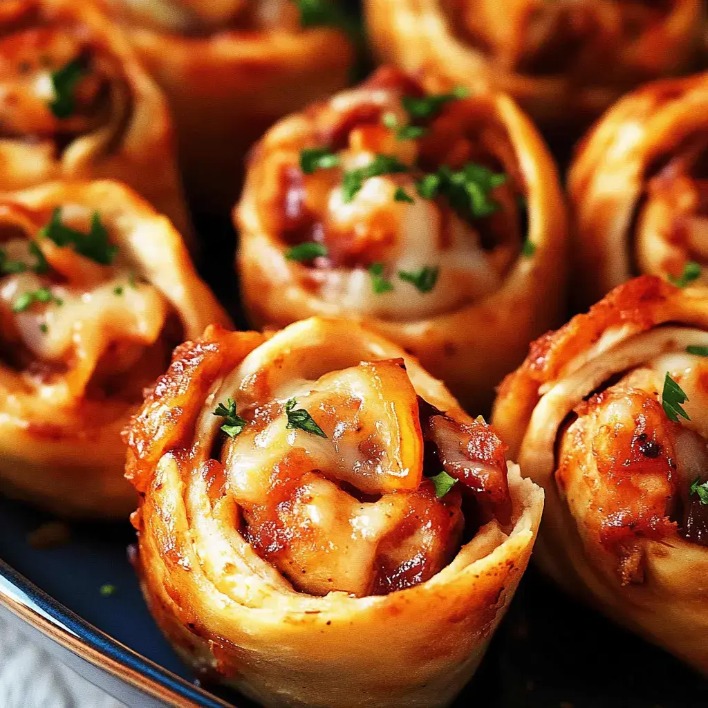 A close-up of golden-brown, rolled snacks filled with cheese and meat, garnished with fresh parsley.