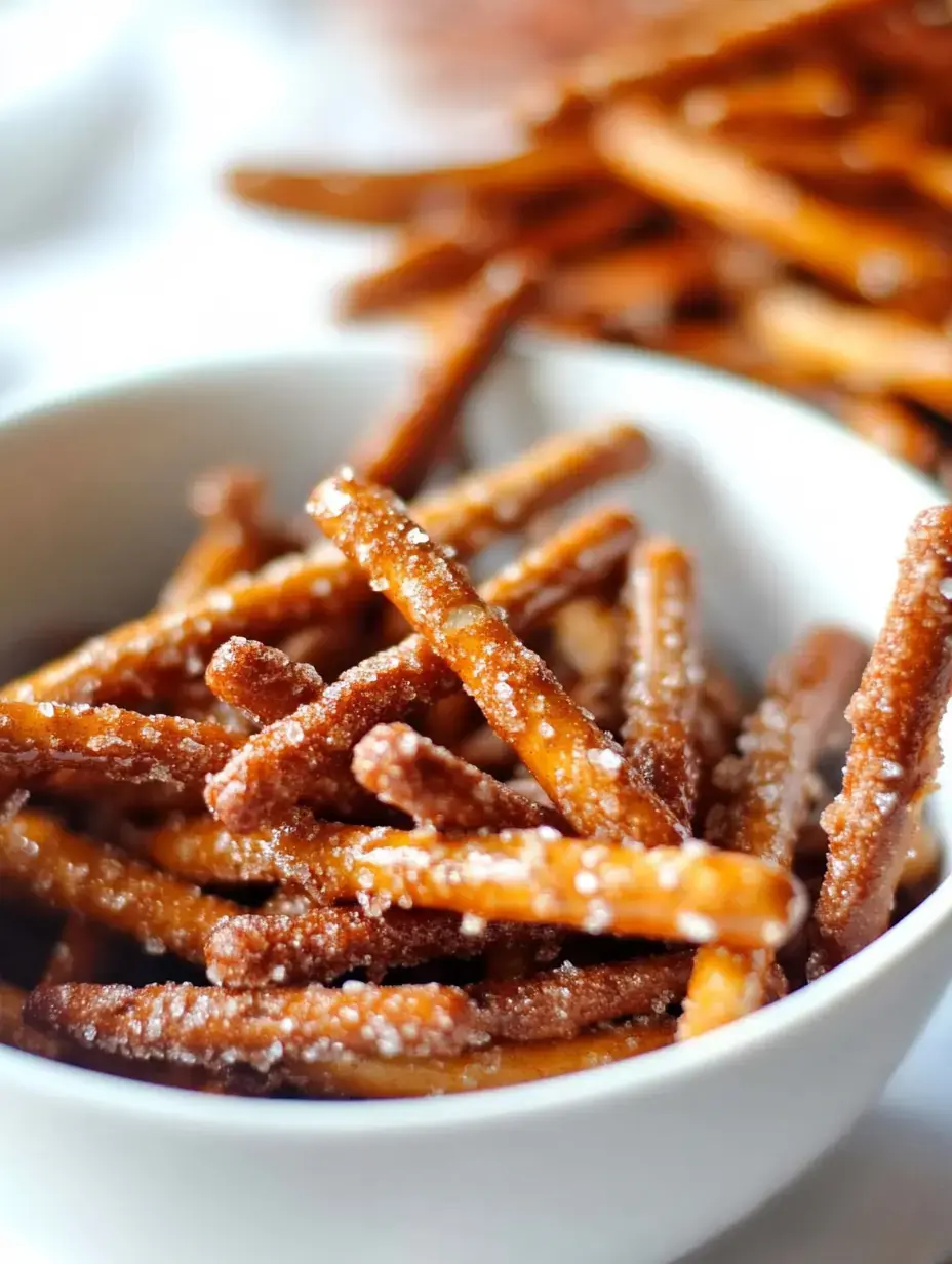 A close-up view of a bowl filled with crunchy, sugar-coated pretzel sticks.