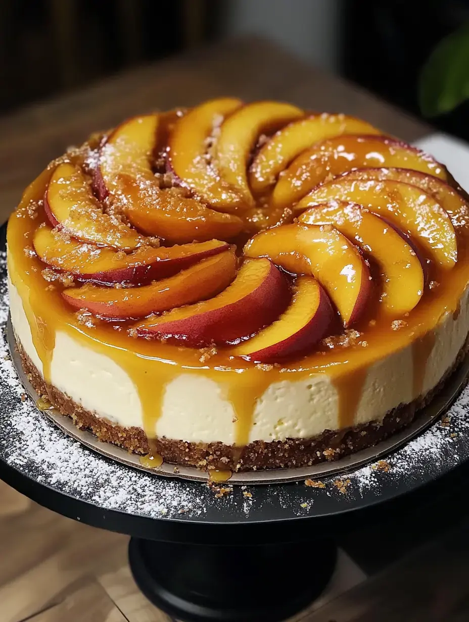 A creamy cheesecake topped with sliced peaches and drizzled with caramel, displayed on a round cake stand.