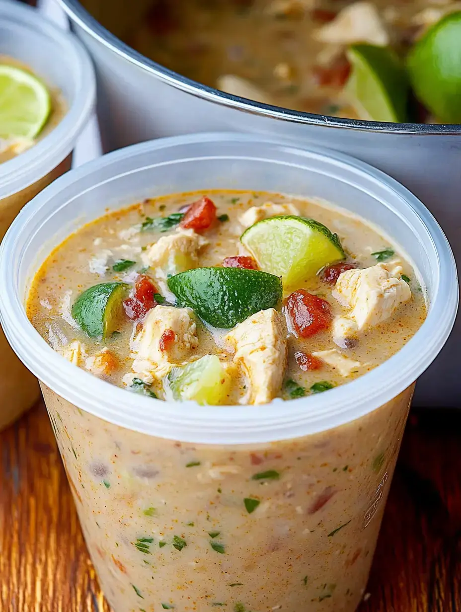 A close-up of a container filled with creamy chicken soup garnished with lime wedges and herbs.