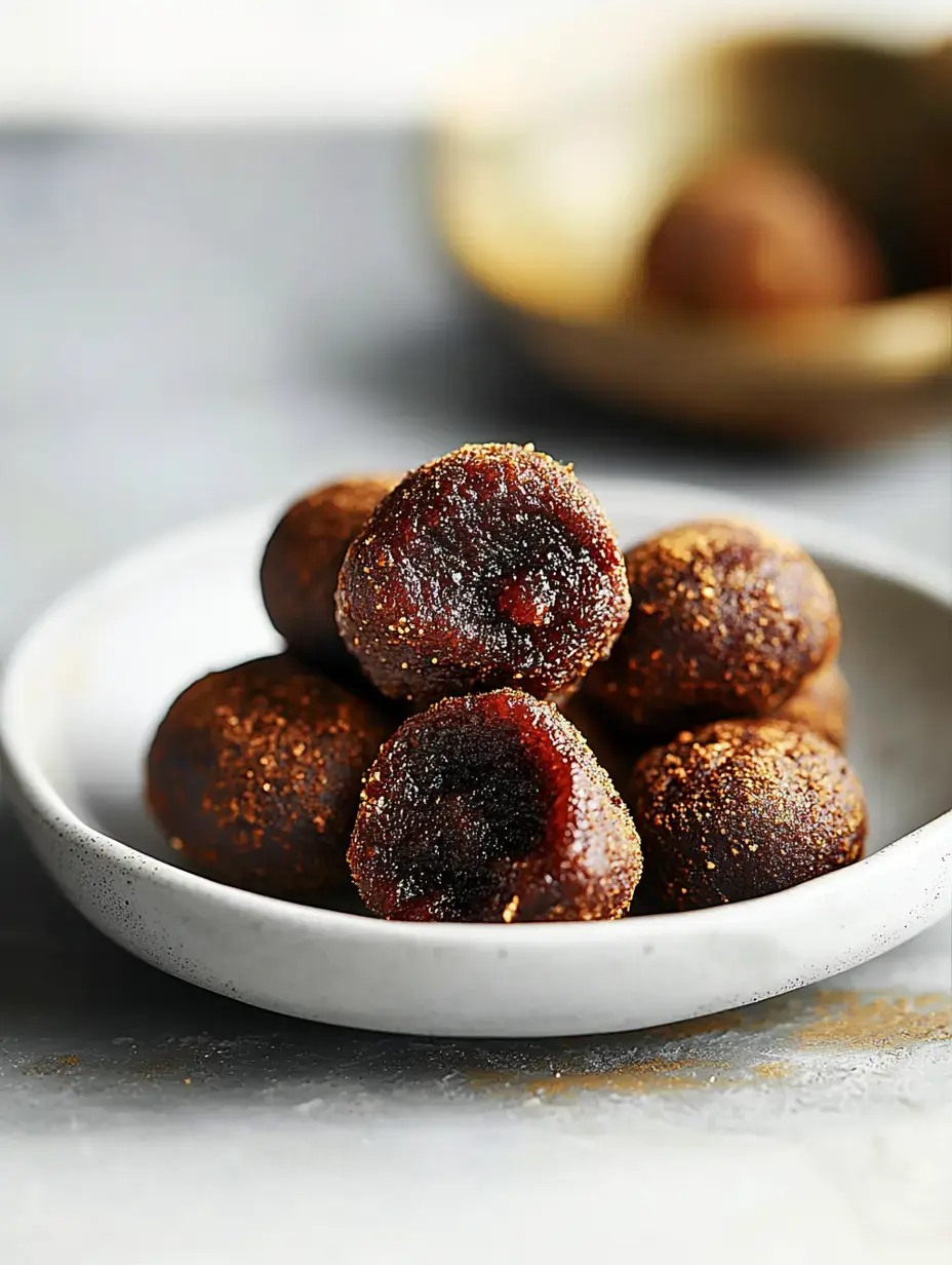 A close-up of a white bowl filled with round, dark energy balls coated in a sprinkle of spice.