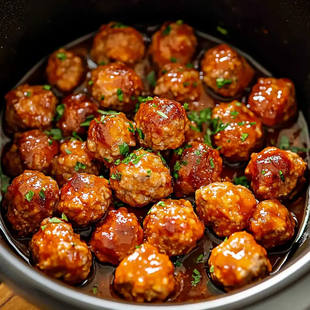 A close-up view of shiny meatballs coated in a rich sauce, garnished with chopped parsley, in a black cooking pot.