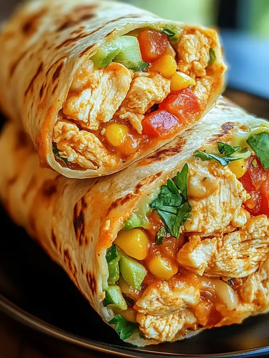 A close-up of two chicken burritos filled with vegetables and garnished with herbs on a dark plate.