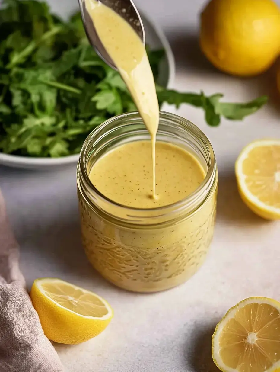 A jar of creamy yellow dressing is shown with a spoon dripping sauce, surrounded by fresh greens and lemon halves.