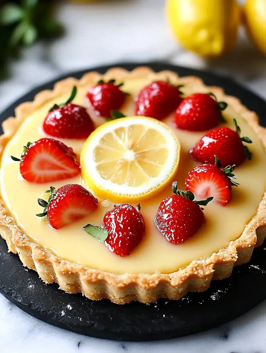 A lemon tart topped with fresh strawberries and a slice of lemon is presented on a black plate.