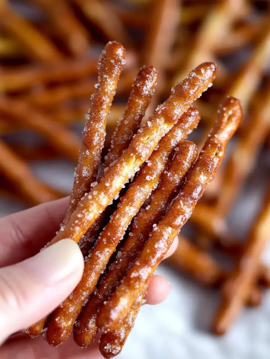 A hand holds several golden-brown, salty pretzel sticks against a blurred background of more pretzels.