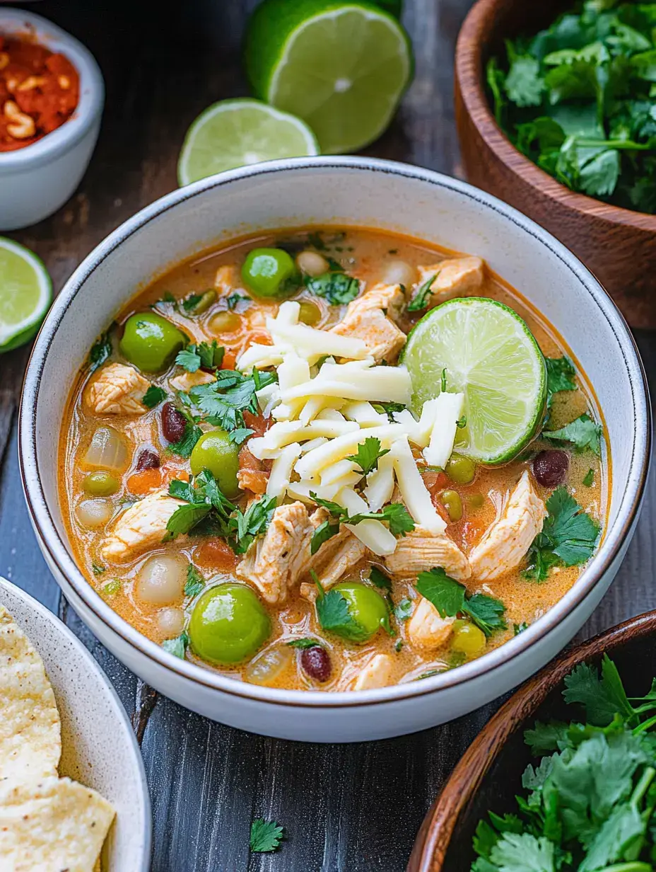 A bowl of chicken soup garnished with cilantro, lime, and cheese, surrounded by sliced limes and a bowl of fresh cilantro.