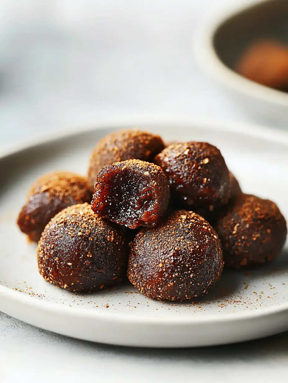 A close-up of sweet, round chocolate-like treats coated in a dusting of spices on a beige plate.