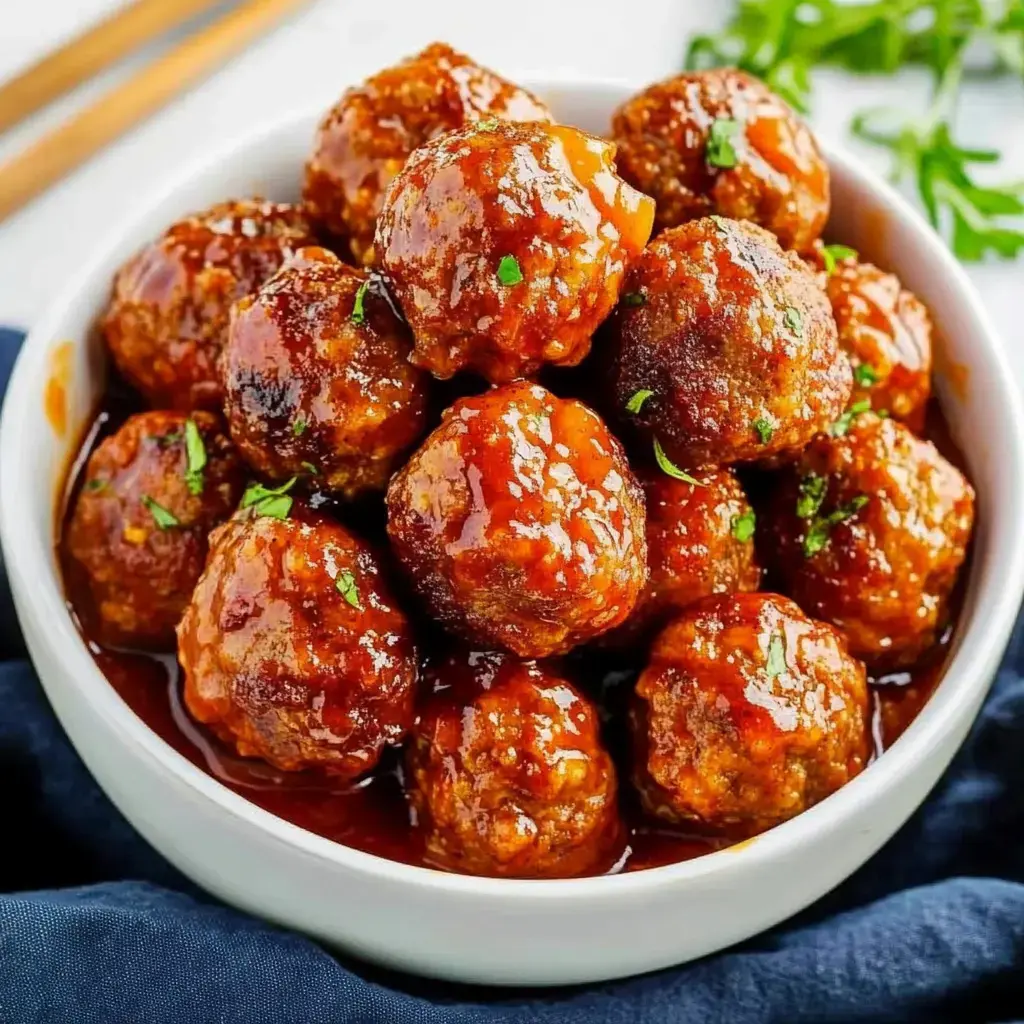 A bowl filled with glossy meatballs coated in a rich sauce, garnished with chopped herbs.