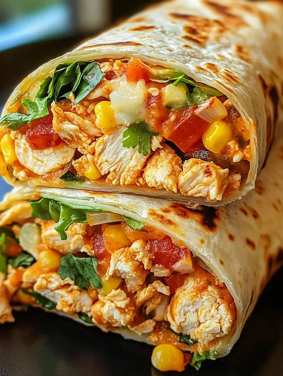 A close-up of a deliciously wrapped burrito filled with shredded chicken, corn, tomatoes, and leafy greens.