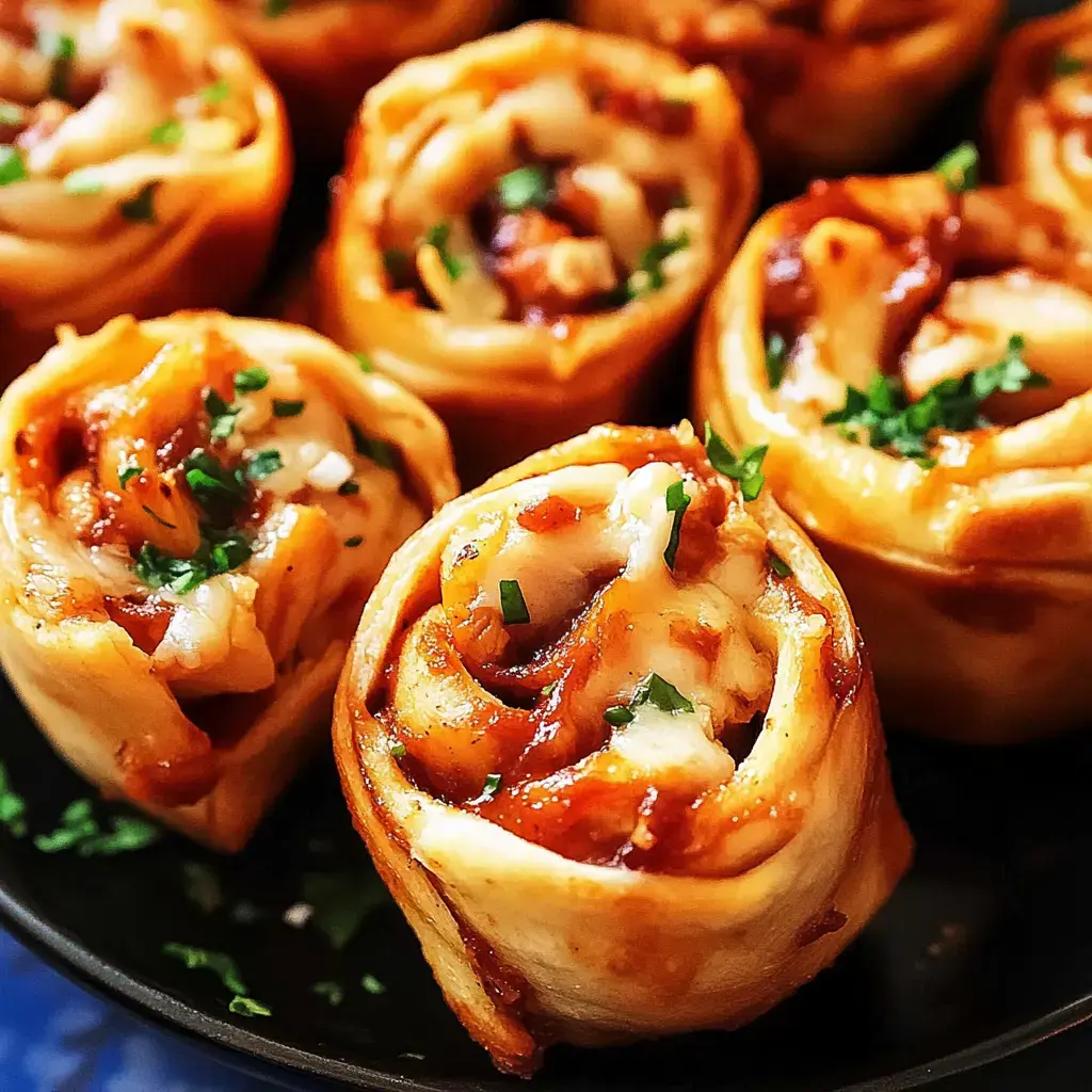 A close-up of rolled pizza snacks topped with cheese, sauce, and chopped herbs on a black plate.