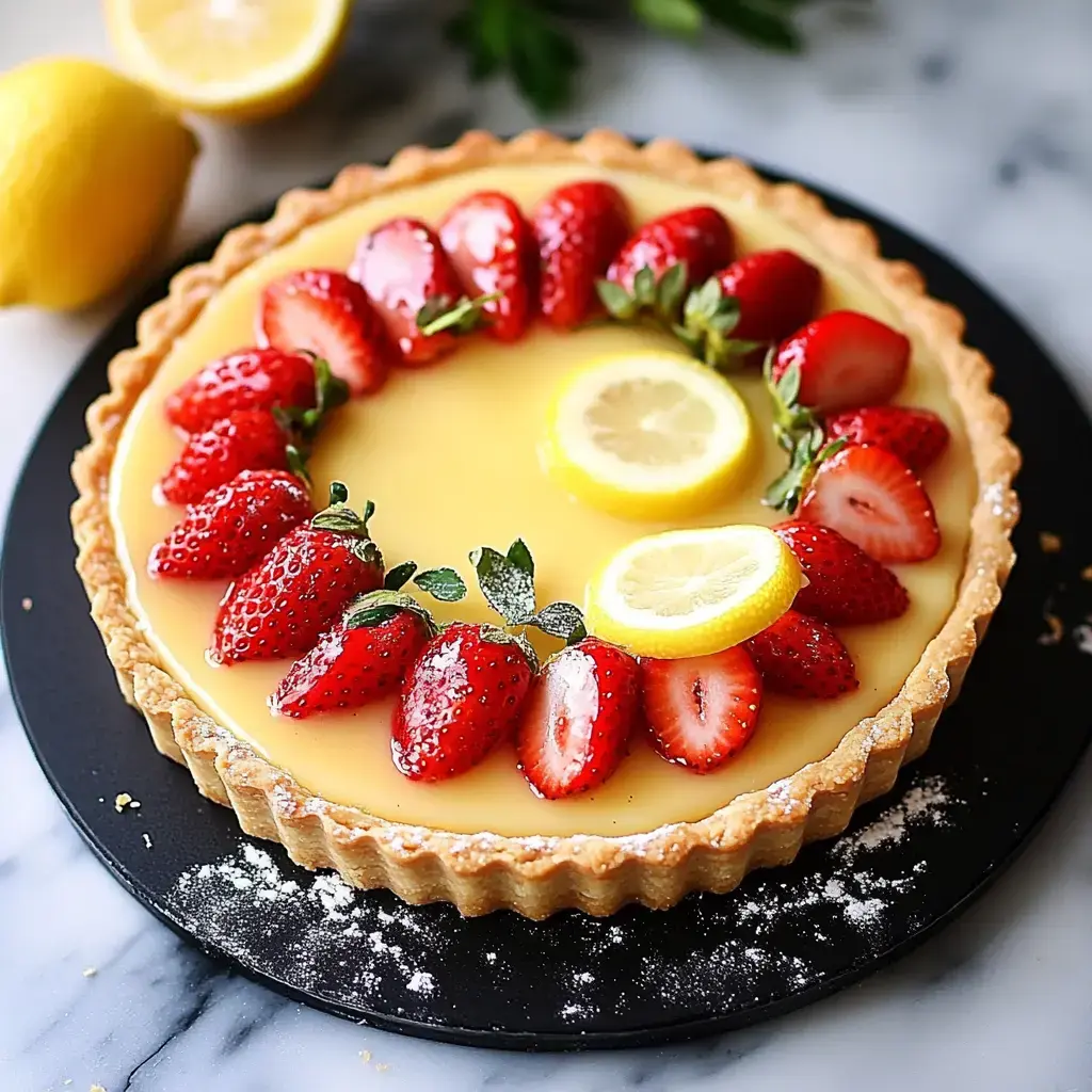 A lemon tart topped with fresh strawberries and lemon slices, set on a black plate.