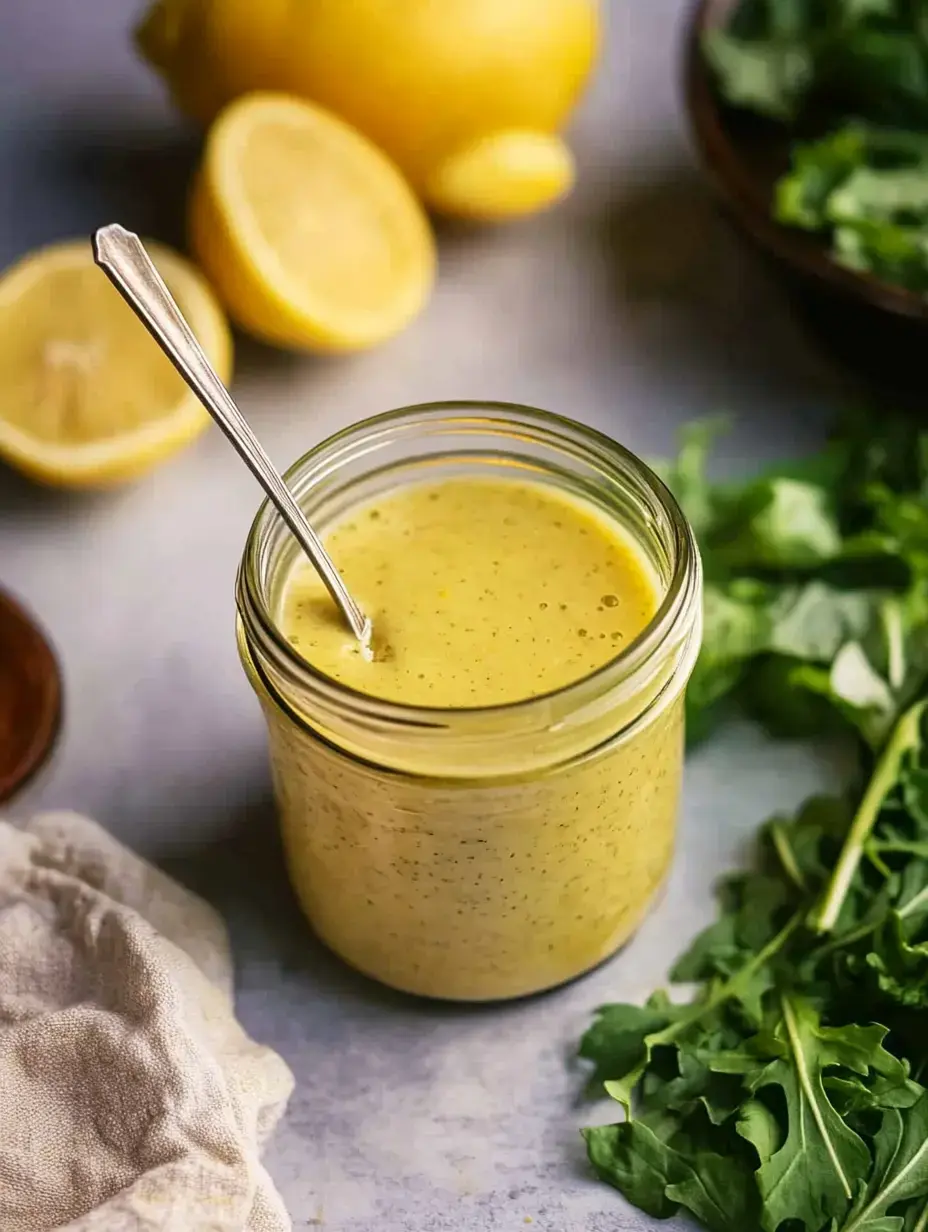 A jar of lemon vinaigrette sits on a counter next to halved lemons and fresh greens.