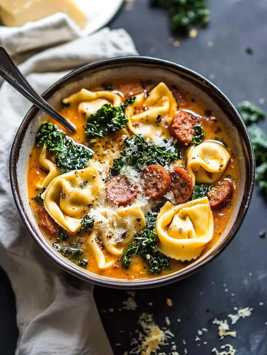 A bowl of soup featuring tortellini, sausage, and kale, garnished with grated cheese and surrounded by a beige napkin.