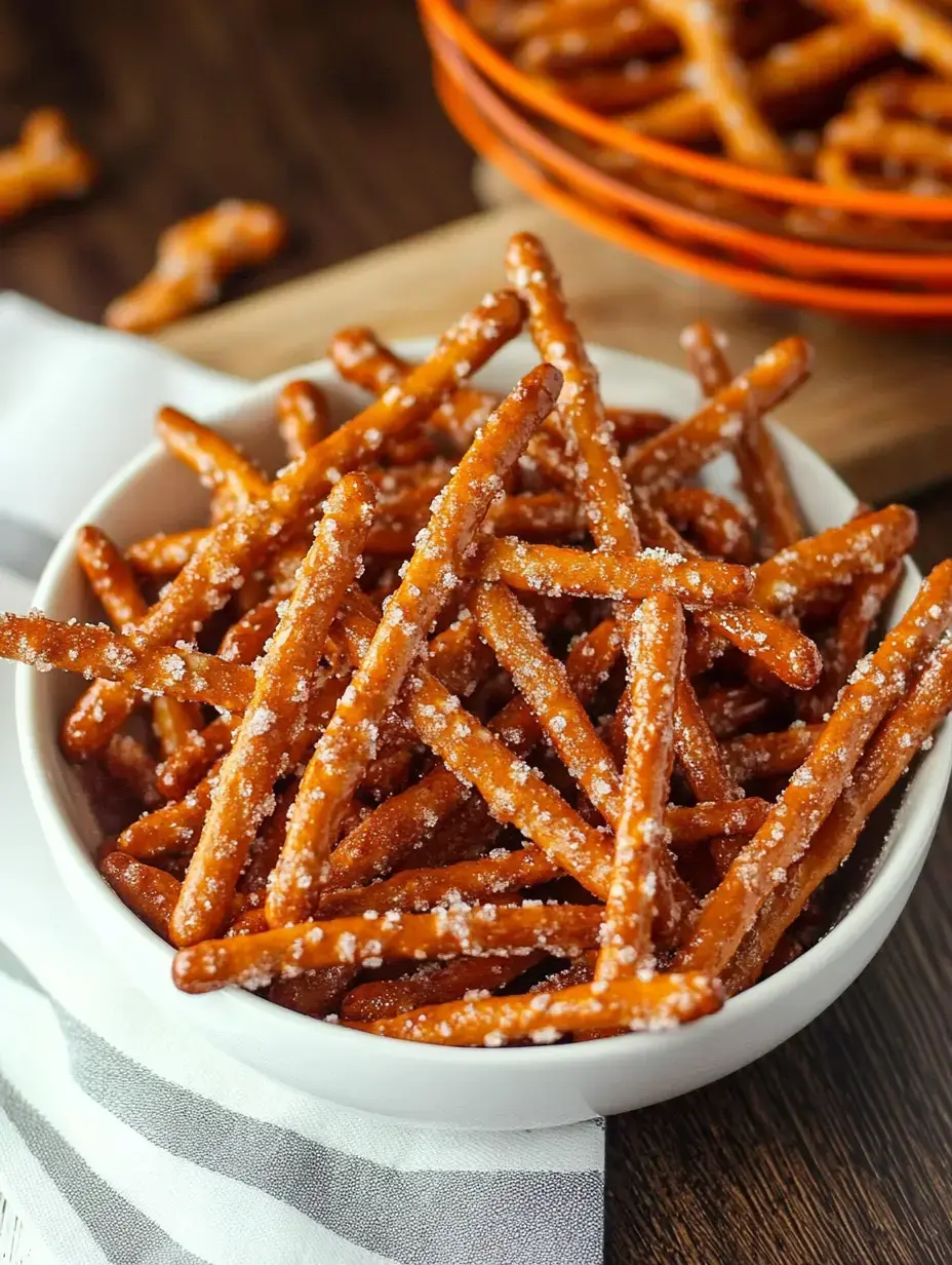 A close-up of a white bowl filled with crunchy, salted pretzel sticks on a wooden surface.