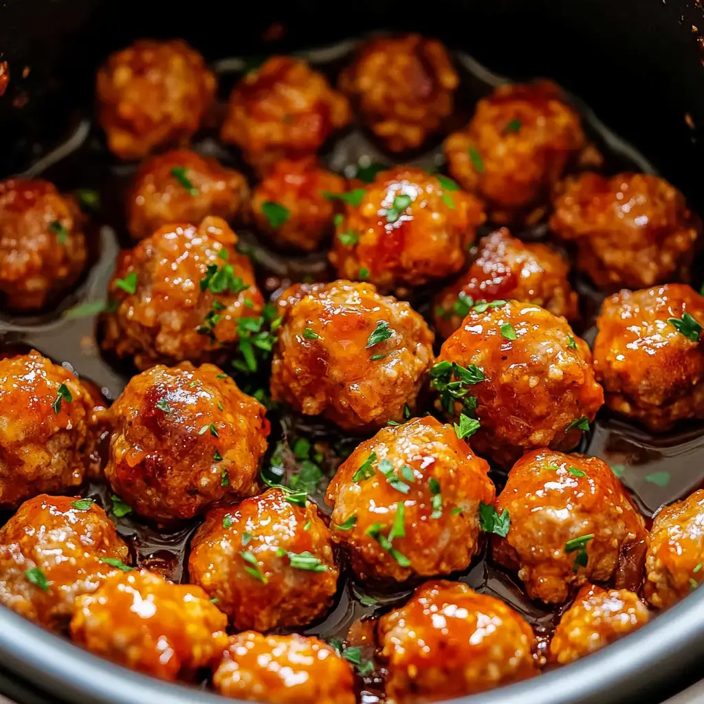 A close-up view of glossy meatballs garnished with chopped parsley in a dark sauce, arranged in a slow cooker.