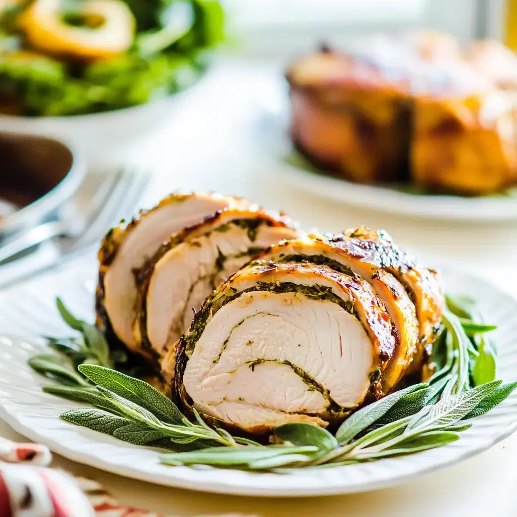 A close-up of sliced herb-stuffed chicken arranged on a plate with garnished greens.