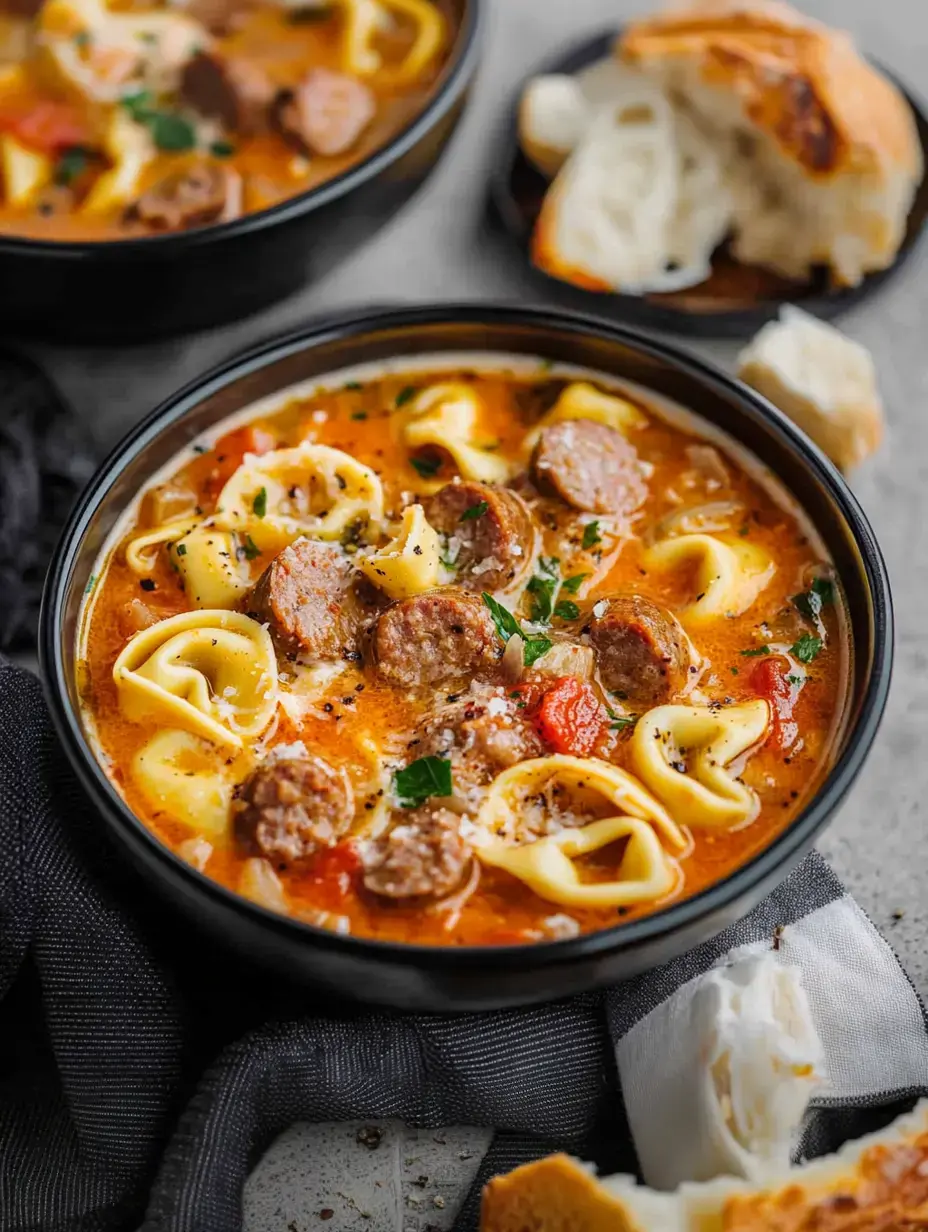 A close-up image of a bowl of hearty soup with sausage and tortellini, garnished with herbs, alongside slices of bread.