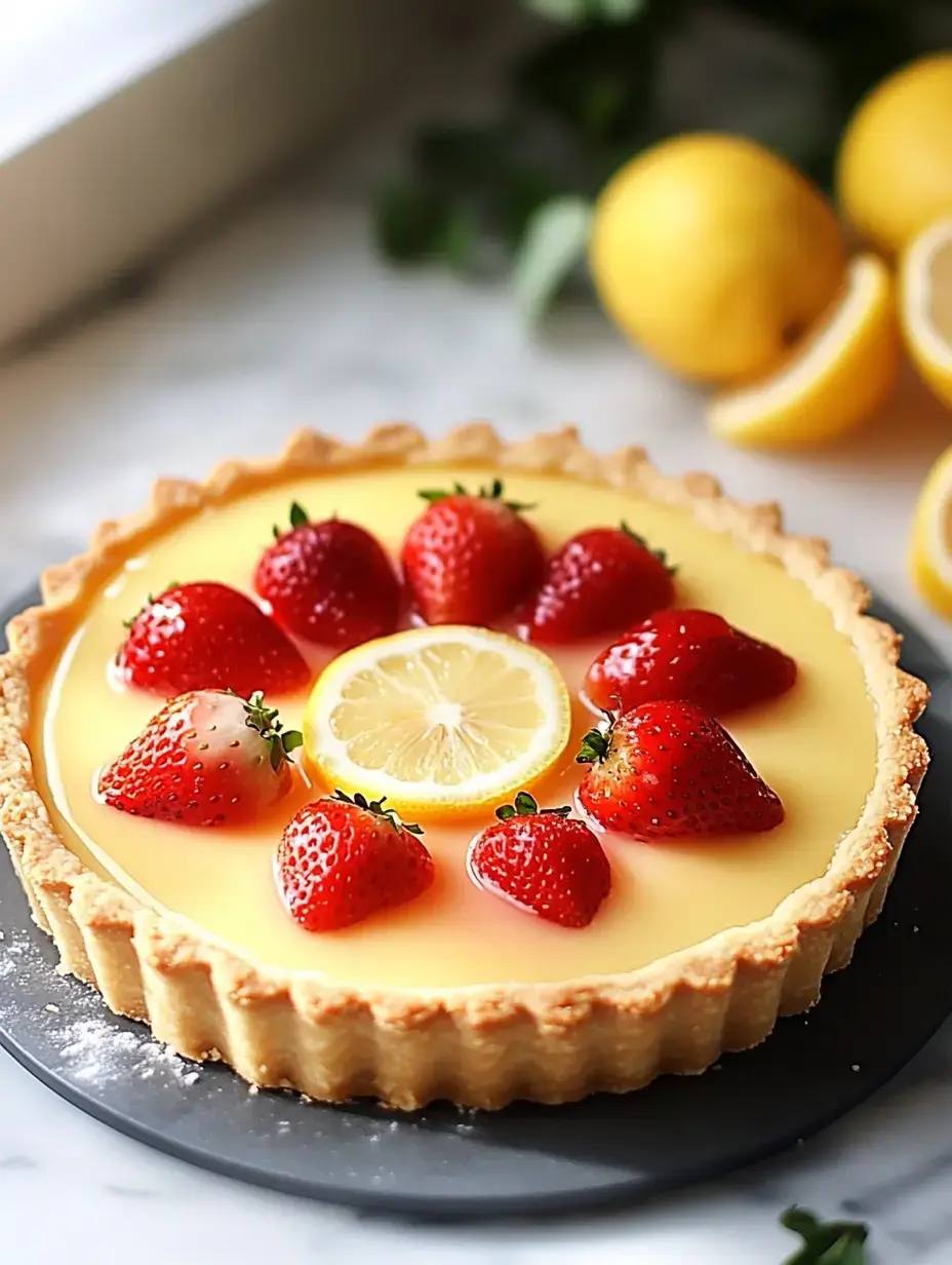 A lemon tart topped with fresh strawberries and a lemon slice, set on a dark plate with lemons in the background.