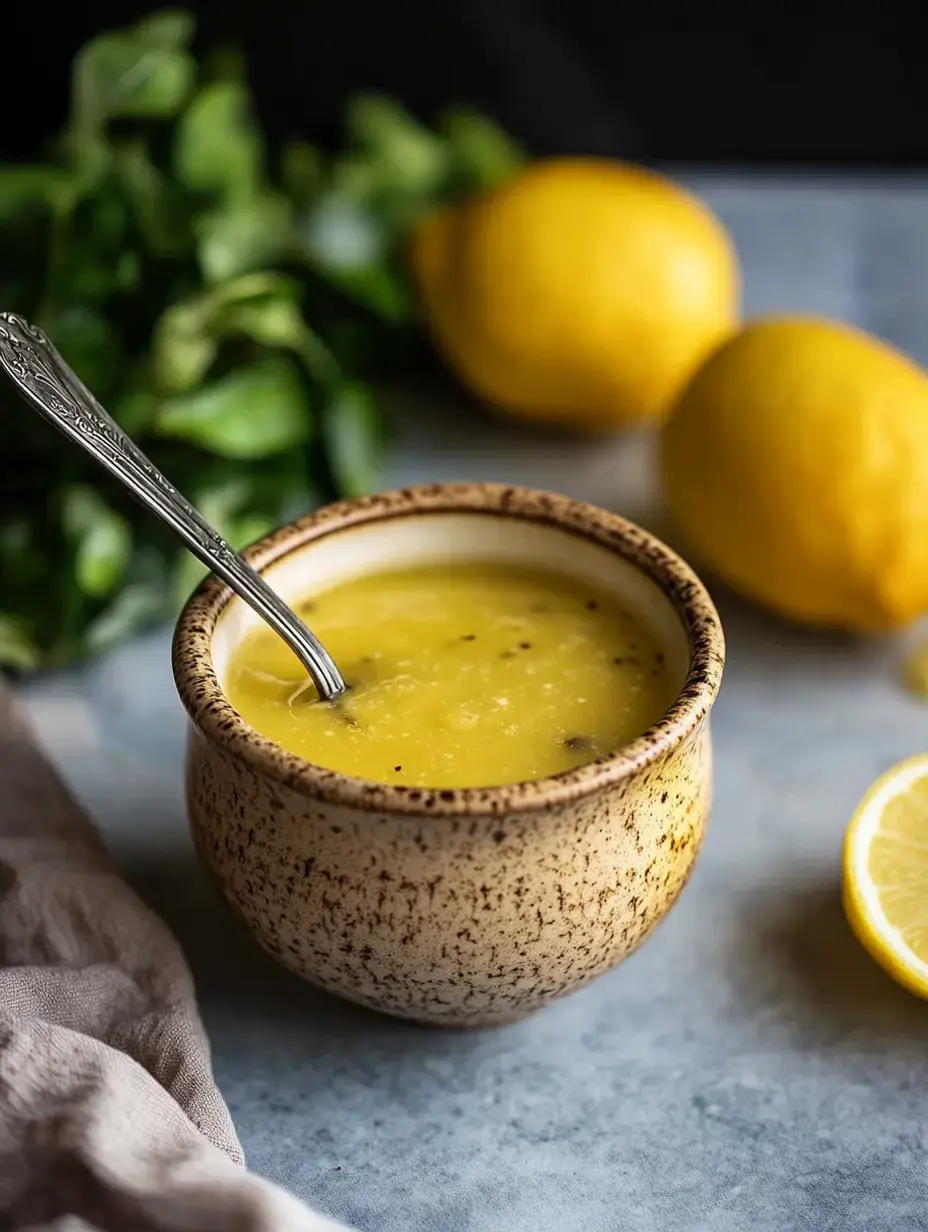 A bowl of yellow dressing or sauce with a spoon, surrounded by fresh lemons and greens.