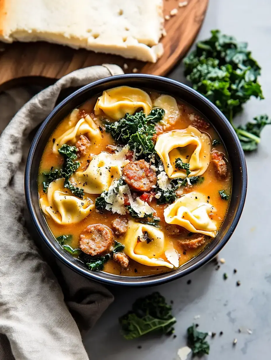 A bowl of soup containing tortellini, sausage, kale, and topped with cheese, alongside a piece of bread on a wooden cutting board.