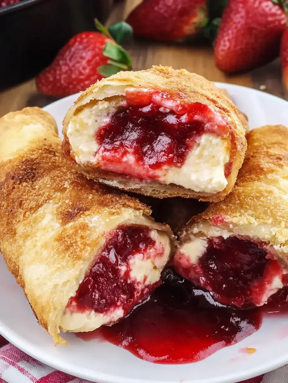 A close-up of three crispy pastry rolls filled with cream and strawberry jam, with some jam oozing onto the plate.