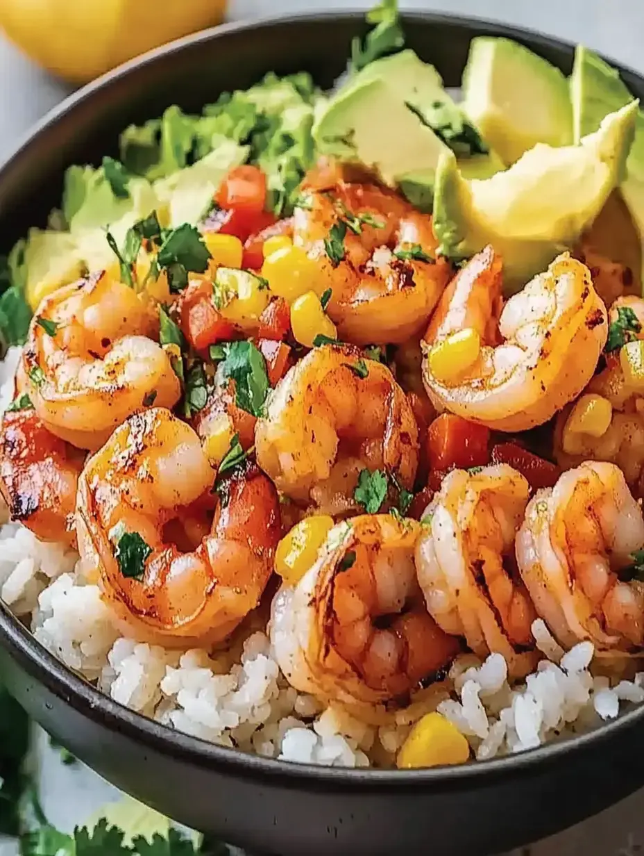 A bowl of rice topped with grilled shrimp, corn, diced tomatoes, avocado slices, and fresh cilantro.