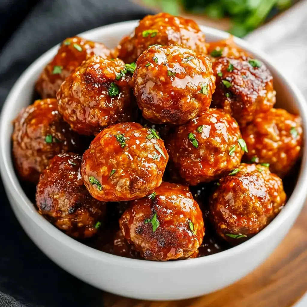 A close-up view of a bowl filled with glossy, sauce-coated meatballs garnished with chopped parsley.