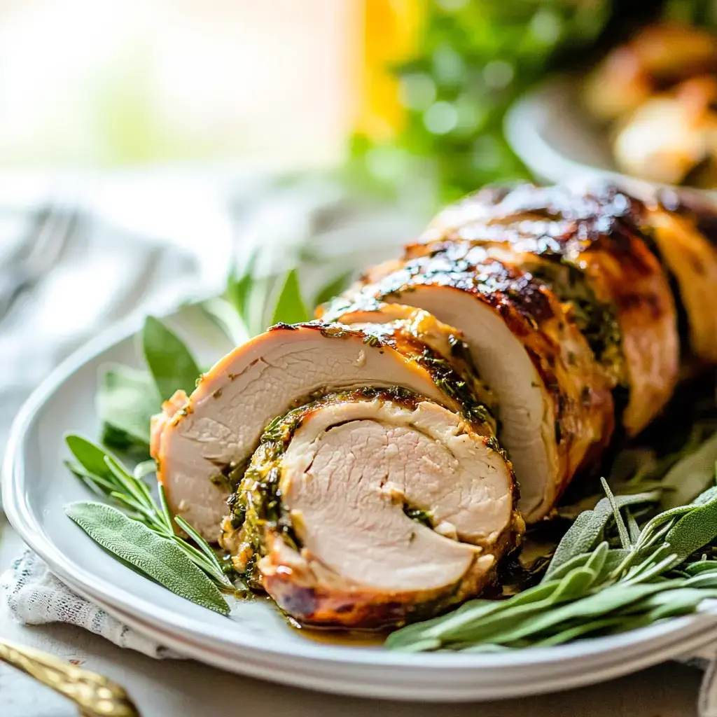 A beautifully sliced roasted turkey breast, filled with herbs, garnished with fresh sage on a white plate.