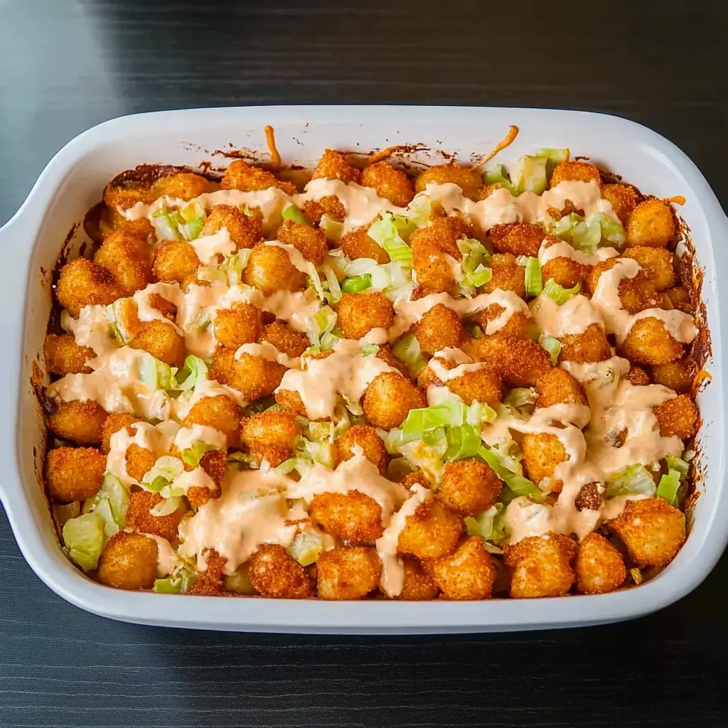 A baked dish of crispy tater tots topped with a creamy sauce and chopped lettuce.