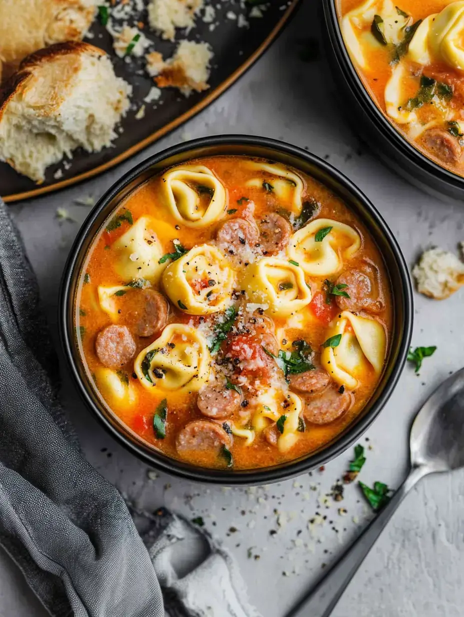 A close-up of a bowl of hearty soup containing tortellini and sausage, garnished with herbs and cheese, alongside pieces of bread on a plate.