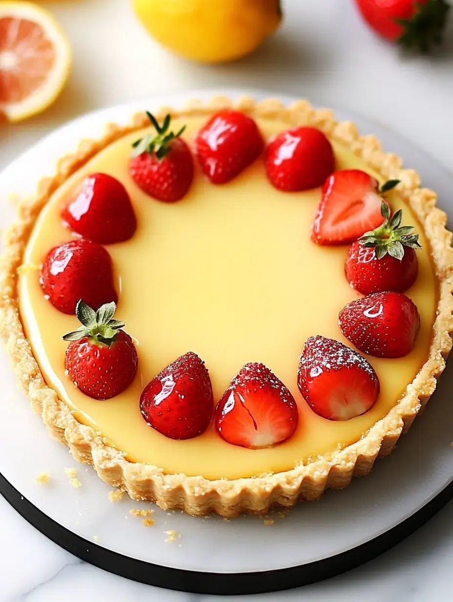 A creamy lemon tart topped with fresh strawberries, set on a round platter.