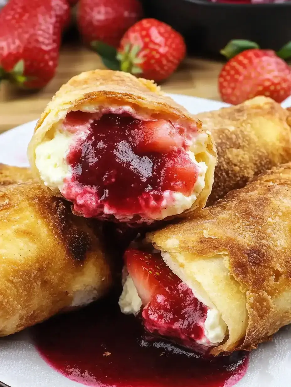 Fried strawberry-filled rolls are displayed on a plate, with fresh strawberries in the background.