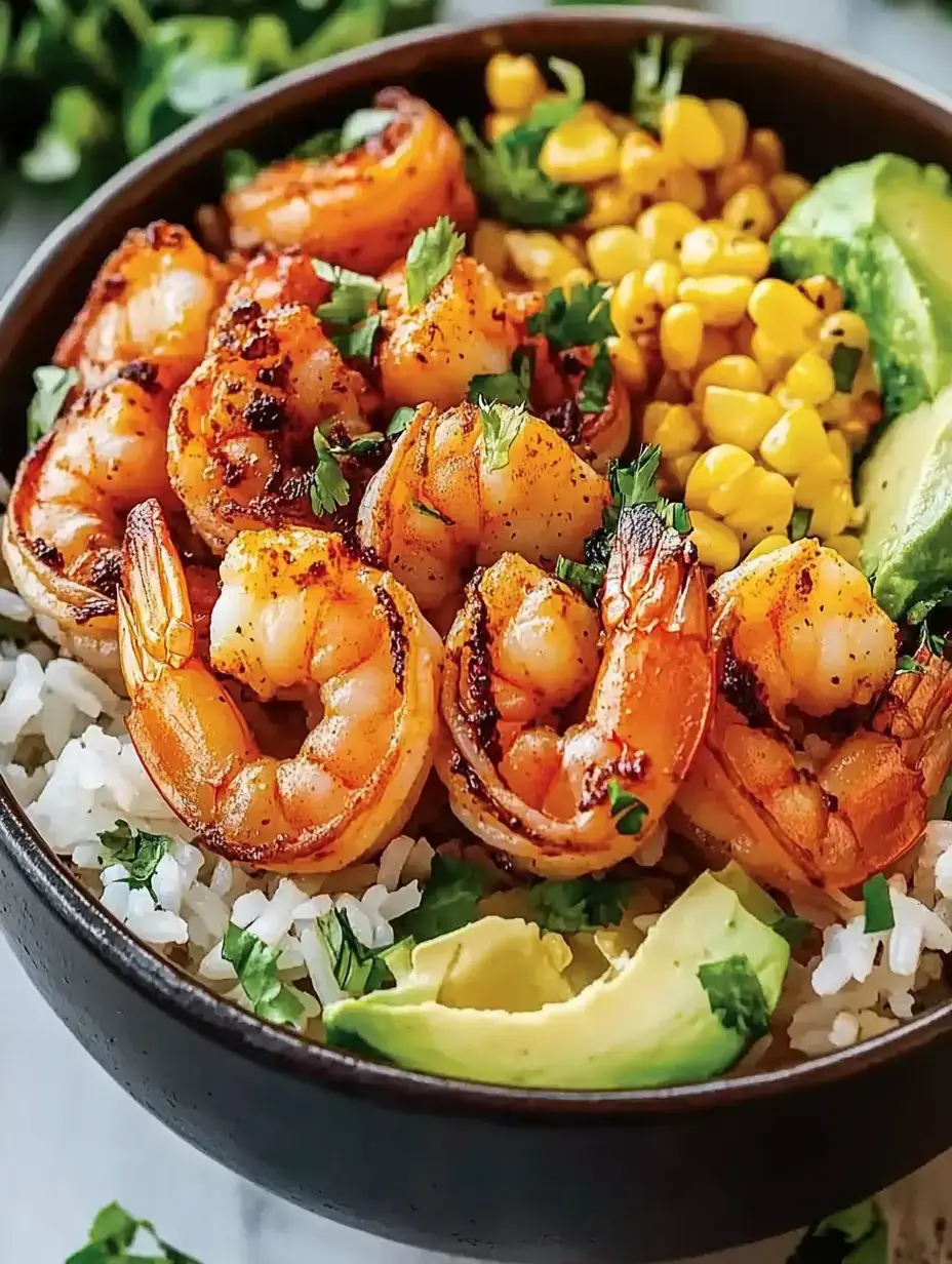 A bowl of rice topped with grilled shrimp, corn, avocado slices, and fresh cilantro.