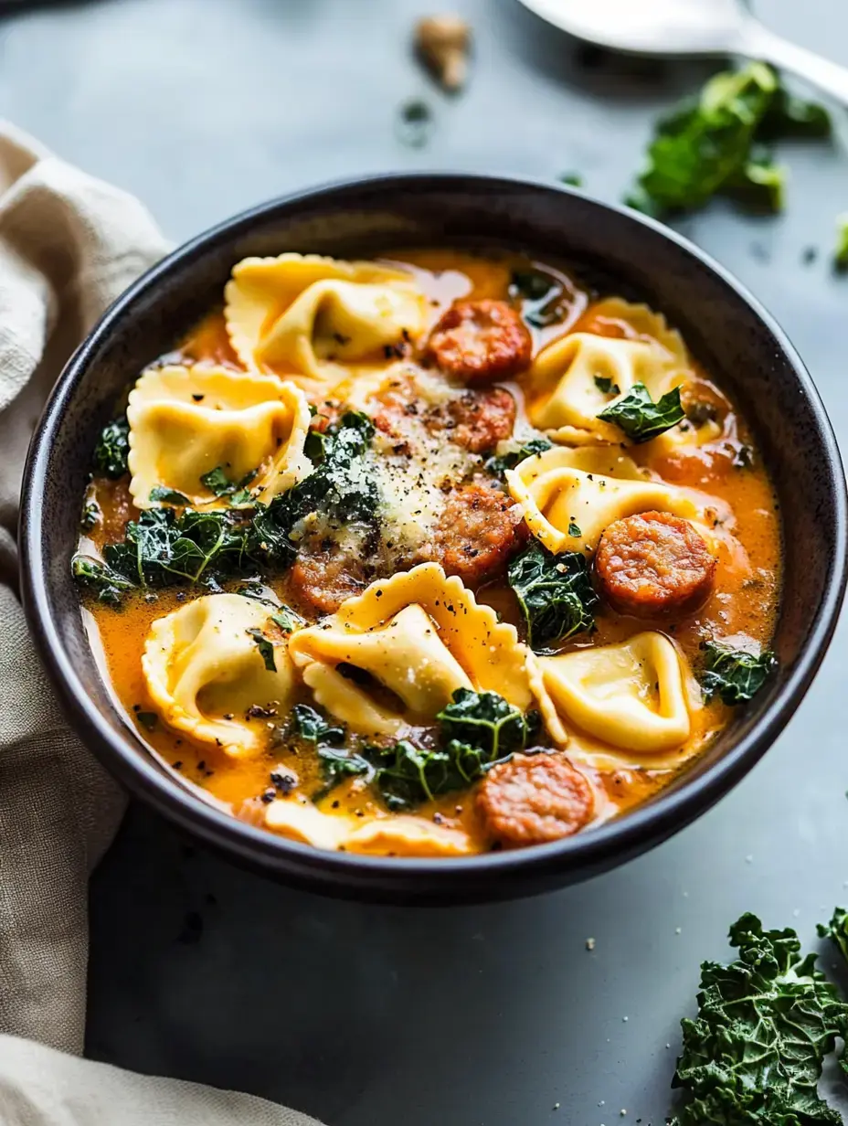 A bowl of soup containing ravioli, sausage, kale, and a sprinkle of cheese, set against a light gray background.