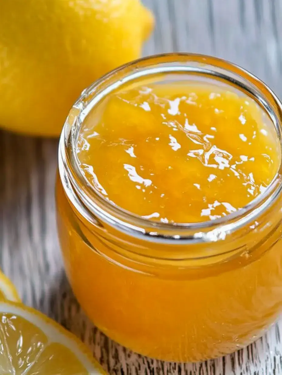 A jar of lemon jelly sits on a wooden surface, accompanied by a whole lemon and a lemon half.