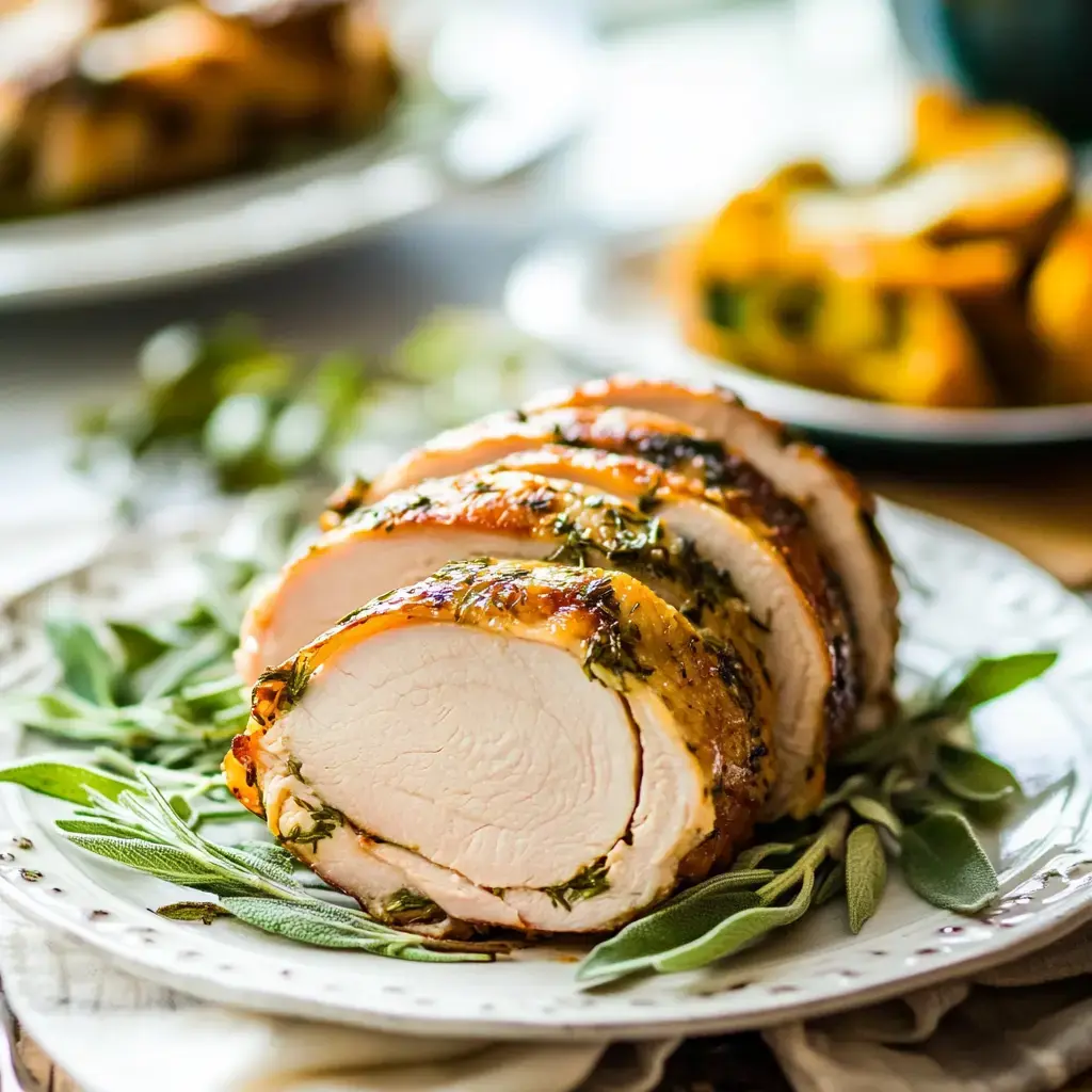 Sliced roasted turkey breast garnished with fresh herbs on a decorative plate.