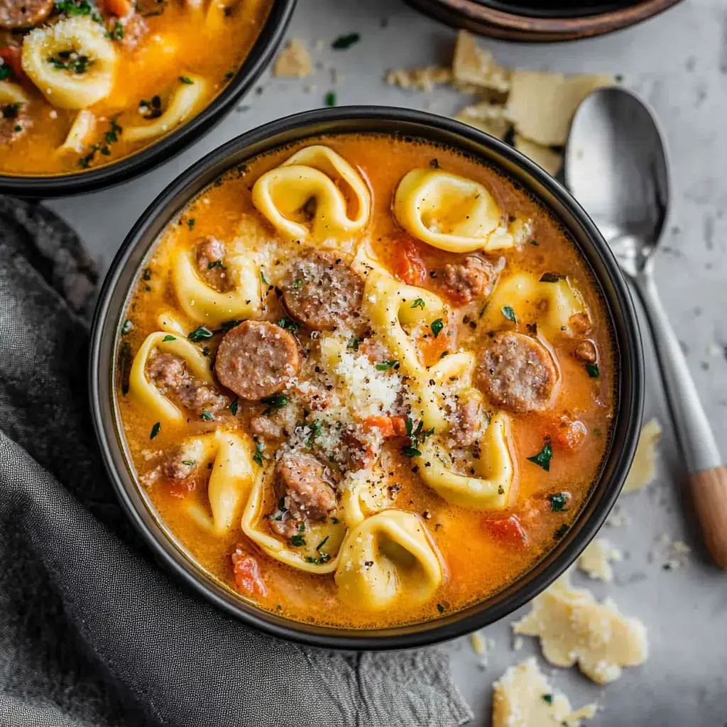 A close-up image of a bowl of creamy tortellini soup with sausage and herbs, garnished with grated cheese, set against a gray background.