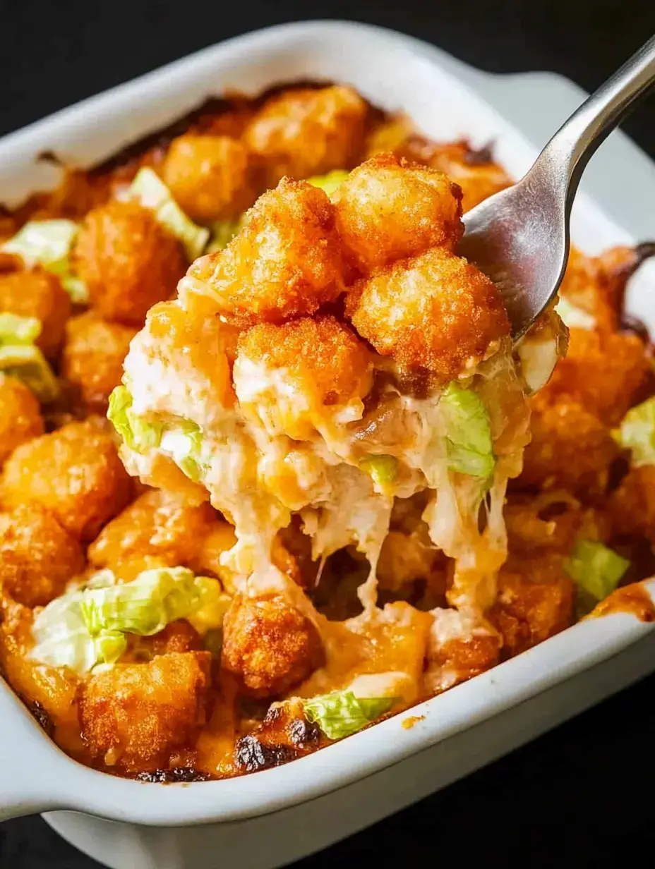 A spoon lifts a serving of cheesy casserole topped with crispy tater tots and green lettuce from a baking dish.