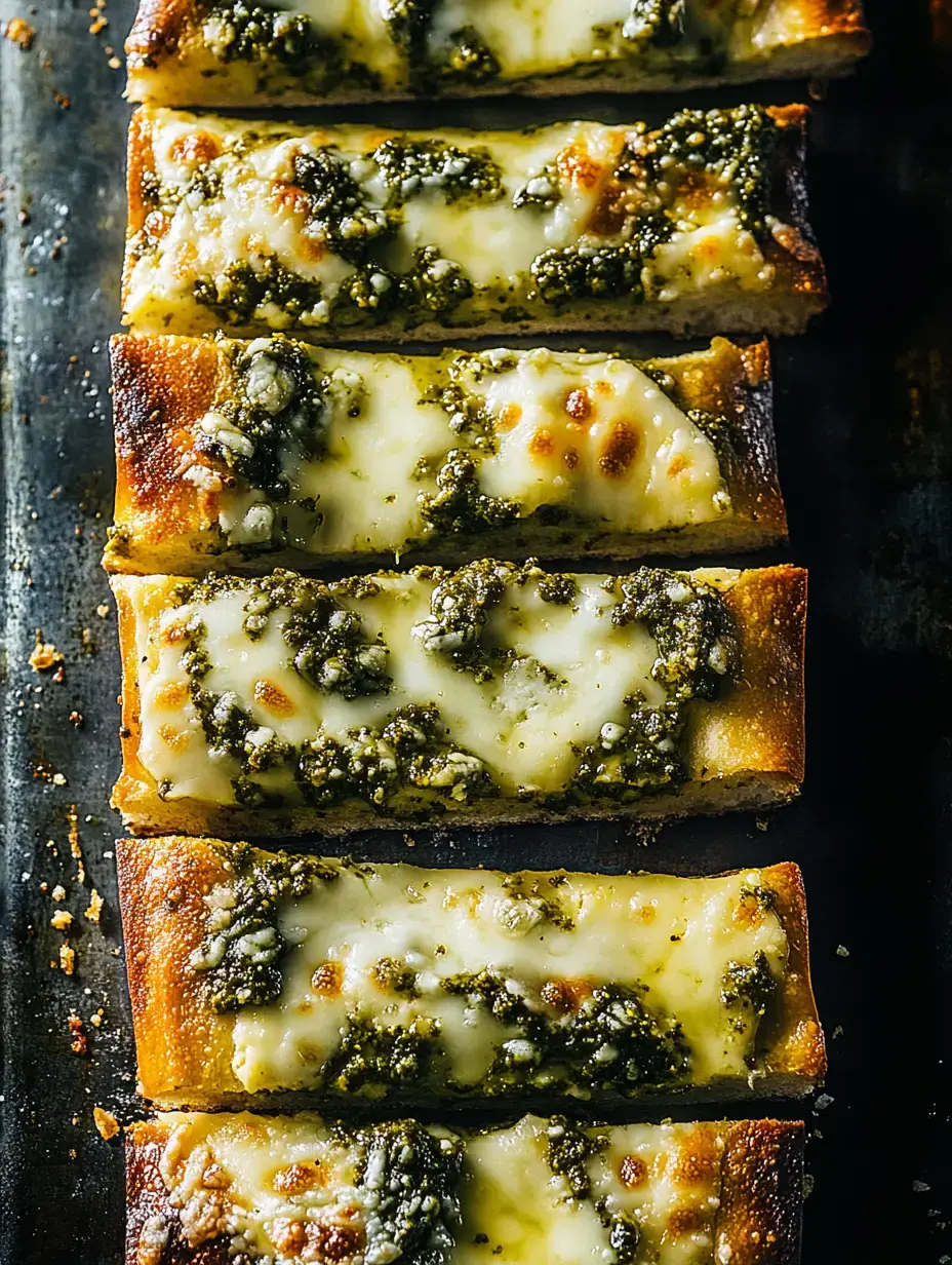 A close-up shot of several pieces of toasted bread topped with melted cheese and pesto, arranged neatly on a baking tray.