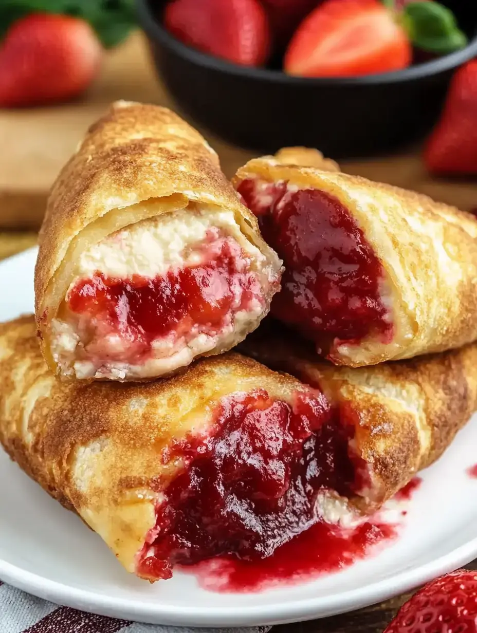 Three golden-brown, crispy pastries filled with strawberry jam and cream are arranged on a white plate, accompanied by fresh strawberries in the background.