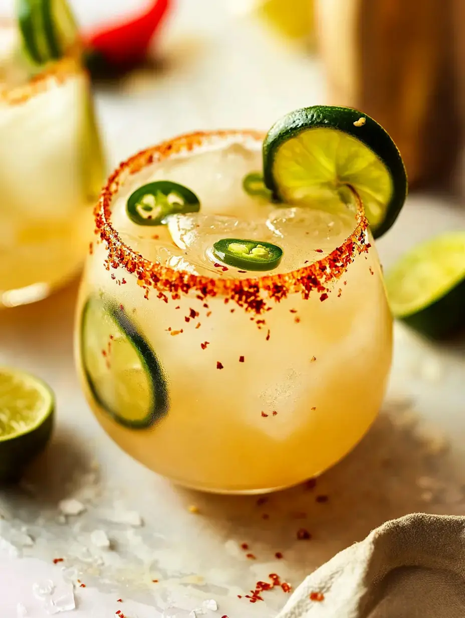 A close-up of a cocktail garnished with lime, jalapeño slices, and a rim of chili powder, surrounded by lime halves on a marble surface.