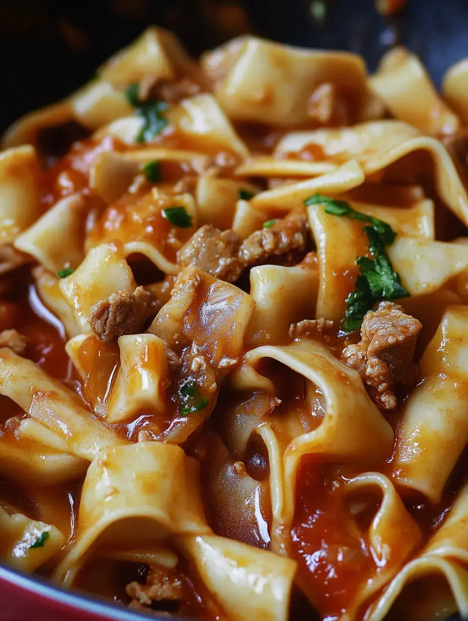 A close-up of wide noodle ribbons mixed with ground meat in a savory red sauce, garnished with chopped green herbs.